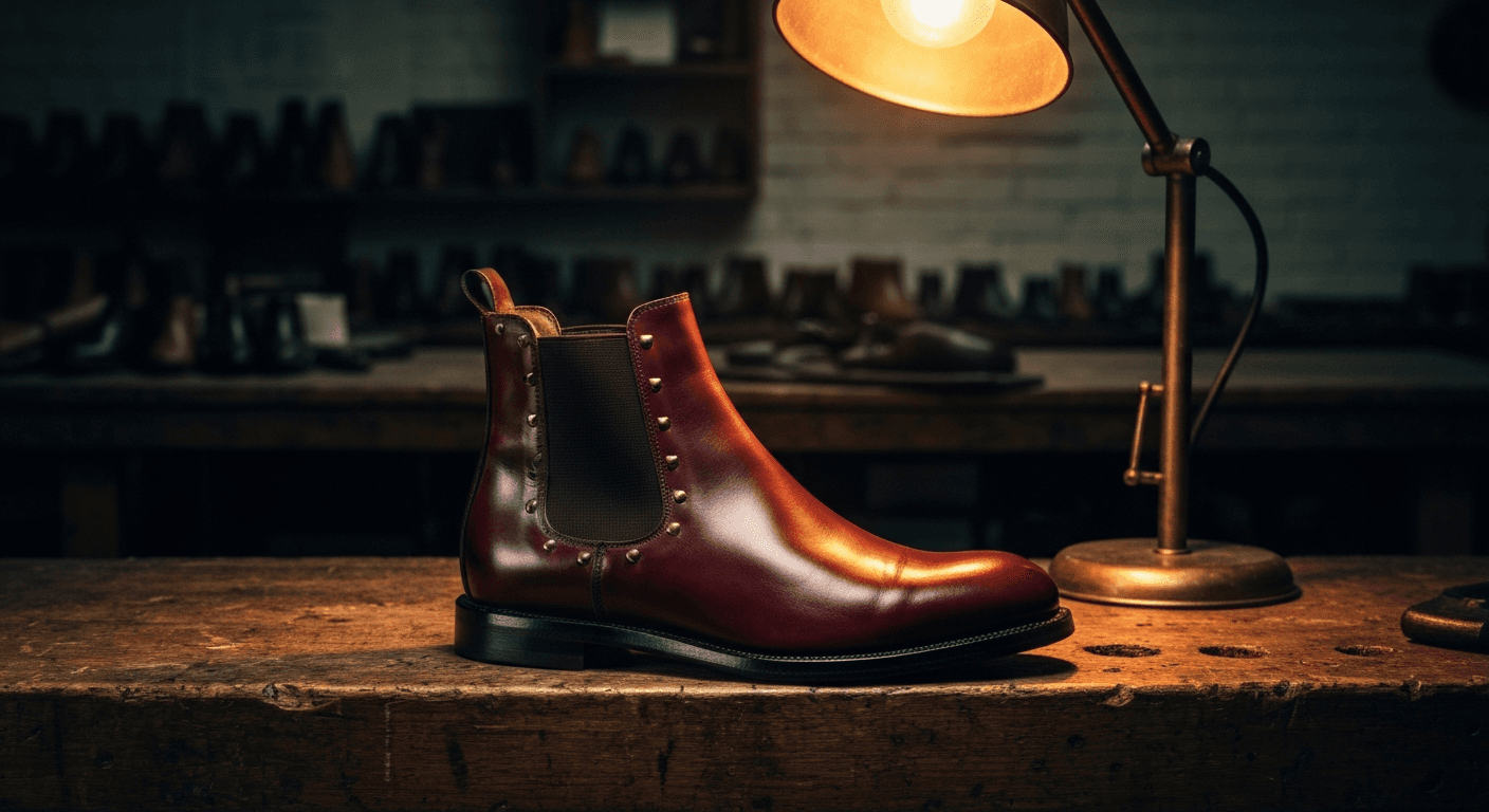 Chelsea boot oxblood posée sur un établi en chêne — Botteora