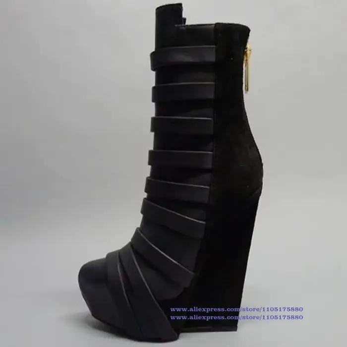 Multi sangles plate-forme compensée genou bottes hautes fermeture éclair arrière bottes en cuir noir
