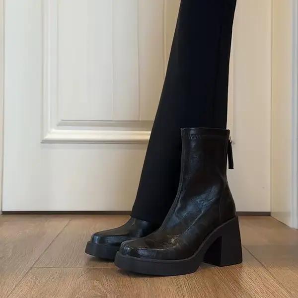 Bottines Chelsea d'hiver doublées en polaire pour femmes, bottines courtes à talons hauts et fins, b