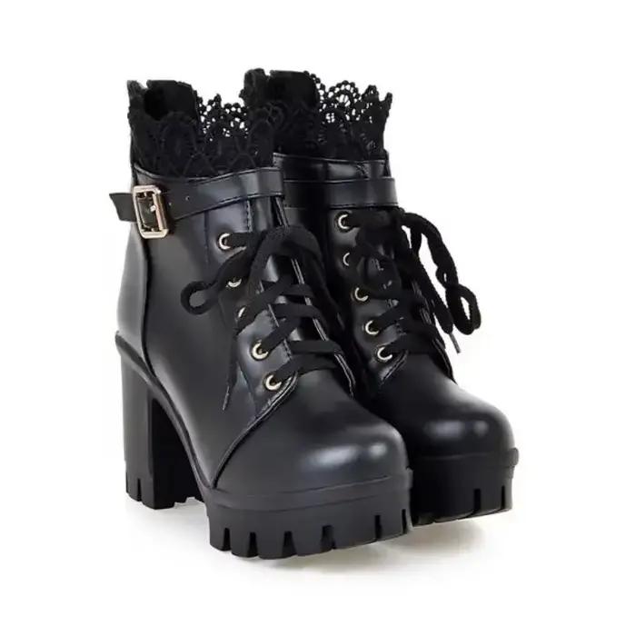 Bottines à talons hauts pour femmes, chaussures blanches, décor en dentelle, talons épais, bottes à 
