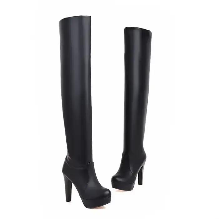 Bottes à talons hauts à tête ronde pour femmes, au-dessus du genou, grande taille, 33-43, 12cm, auto