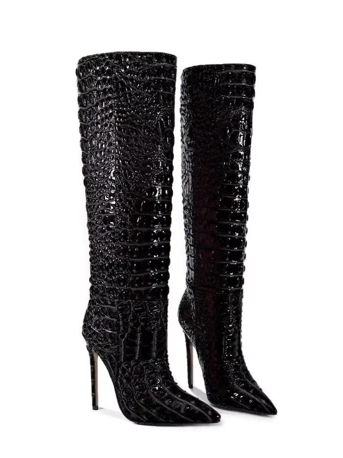 Bottines chic style western à talon aiguille avec leggings doux effet crocodile, parfaites pour le b