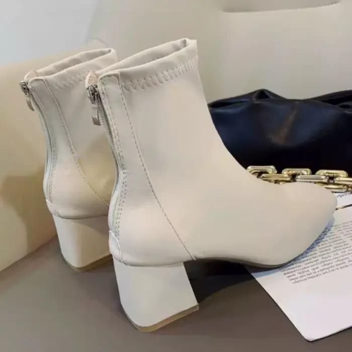 Bottines à fond épais pour femmes, chaussures de printemps et d'automne, noires et blanches, talons 