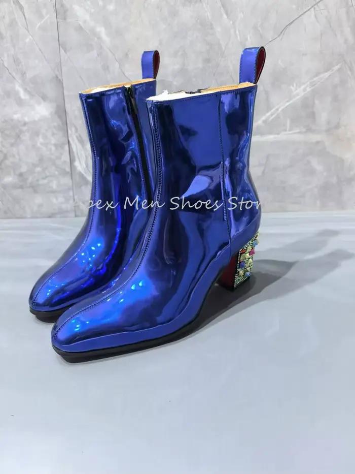 Bottines en cuir verni bleu nuit brillant, talons hauts, rivets colorés, bottes de travail pour homm