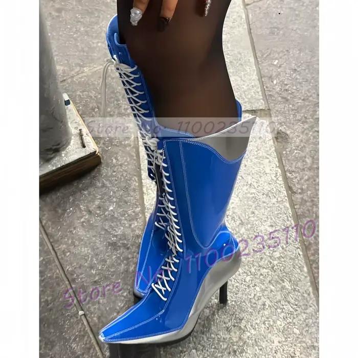 Bottes hautes en cuir verni bleu pour femmes, chaussures élégantes à bout pointu, talons hauts crois