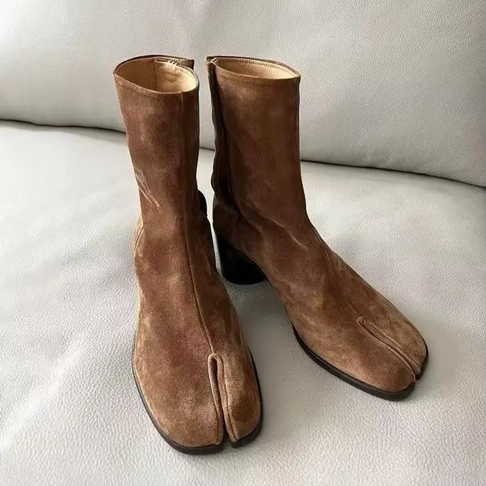 Nouvelles Bottines Tabi à Bout Fendu pour Femme 2026 en Cuir Véritable à Talon Carré – Chaussures Te
