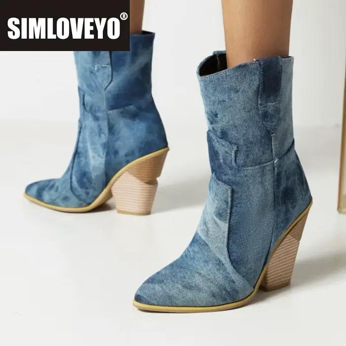SIMLOVEYO 2025 Bottines d'hiver chaudes en fourrure style western pour femme, talon compensé, bout p