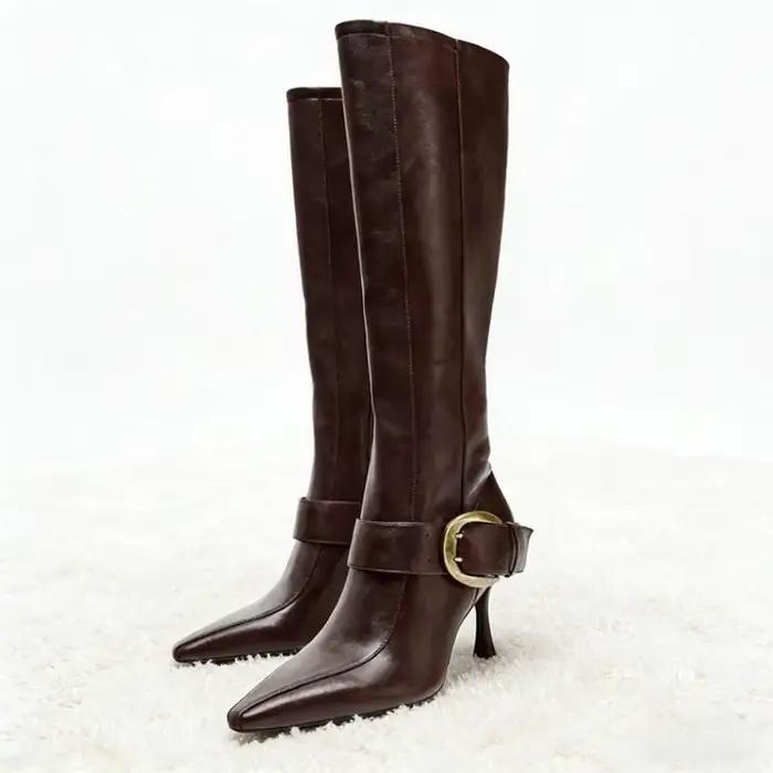 Bottes rétro marron en cuir souple pour femmes, bottes de luxe avec boucle en métal, décoration de s