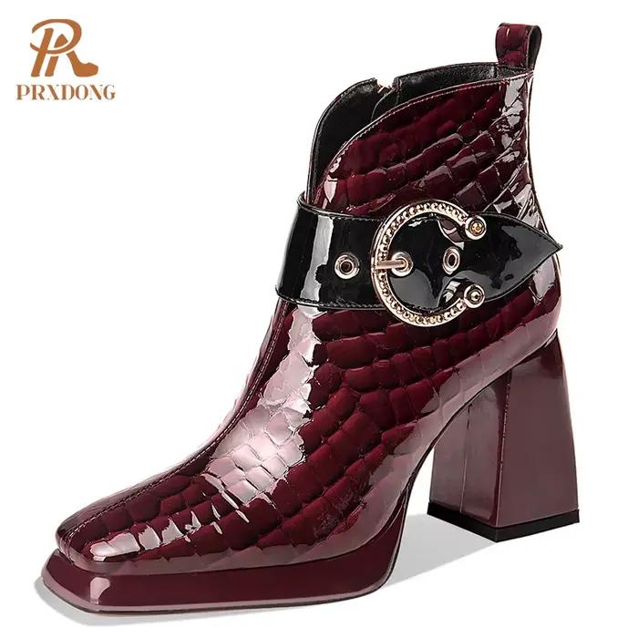 Bottines en cuir véritable pour femme, chaussures de haute qualité, talons hauts, plateforme à boucl