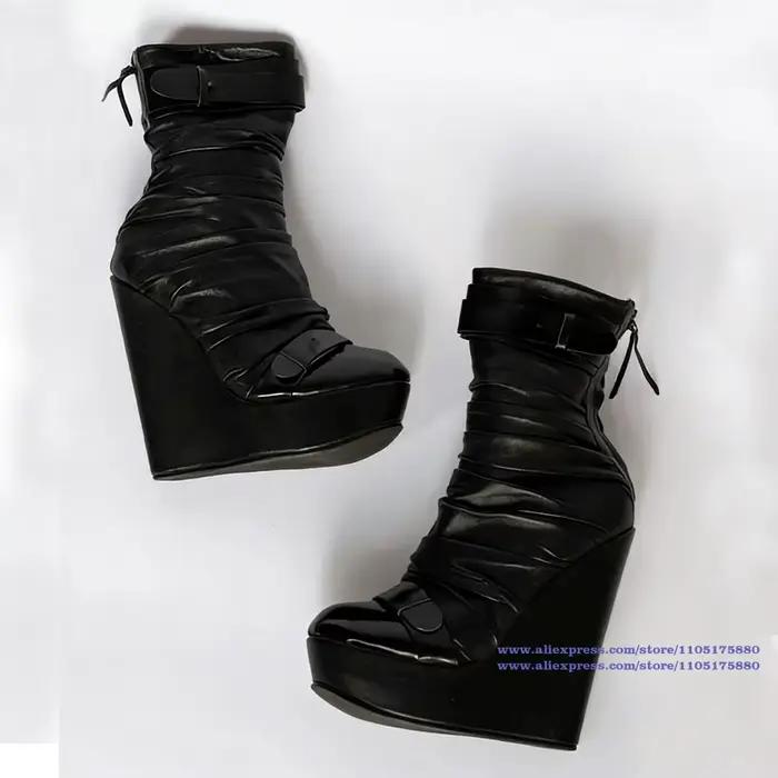 Bottines mi-mollet compensées en cuir froncé noir pour femmes, chaussures de luxe de styliste, tenda