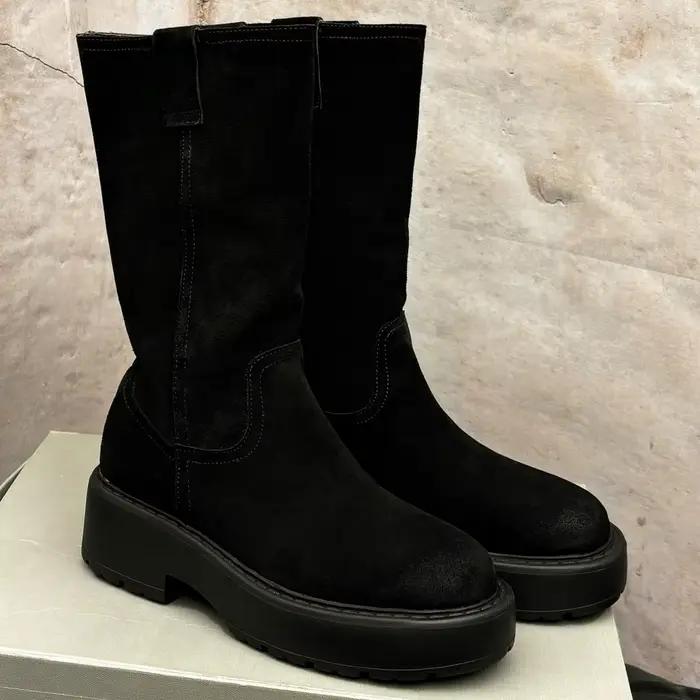 2025 femmes daim cuir semelle épaisse plate-forme plat sans lacet automne mi-mollet bottes casual fe