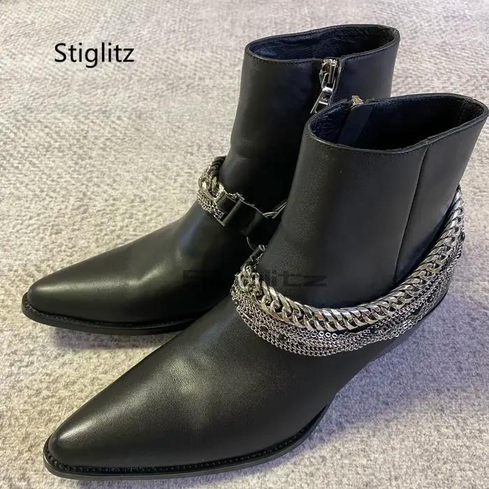 Bottes à chaîne en cuir véritable noir pour hommes, bottes Chelsea à bout pointu de style britanniqu