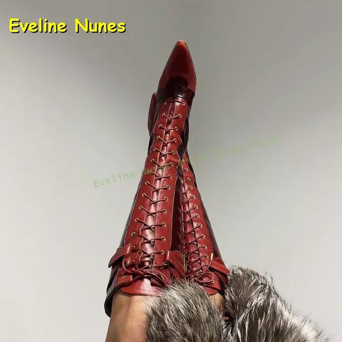 Bottes hautes nouées en croix rouge, bout pointu, couleurs mélangées, bottes Sexy épicées pour fille