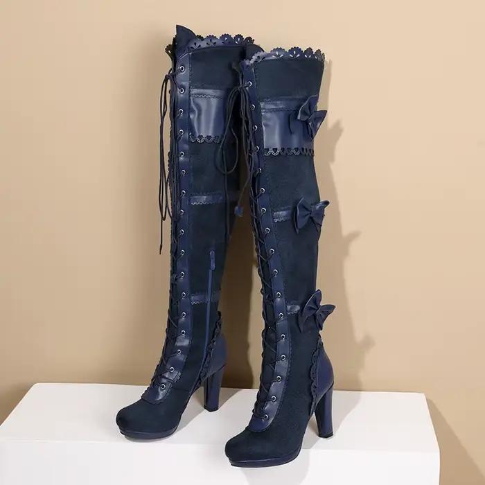 Bottes au dessus du genou pour femmes, couture floquée, talon Super épais, nœud mignon, fermeture éc