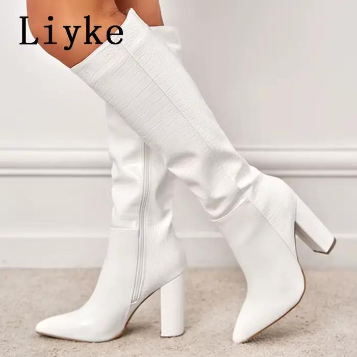 Liyke – bottes hautes en cuir imprimé serpent pour femme, chaussures à la mode, blanches, Sexy, bout