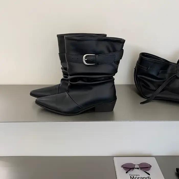 Nouvelles Bottes Cheville Pointues Style Chevalier 2026 - Bottes Mi-Mollet en Cuir Antidérapantes à 