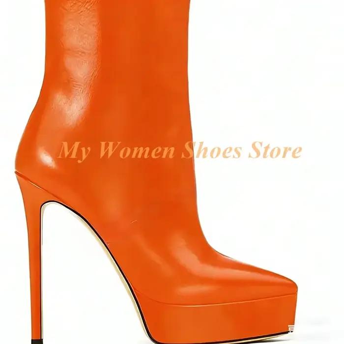 Bottines à plateforme à bout pointu, talon aiguille fin, marron mat, noir, orange, couleur unie, cha