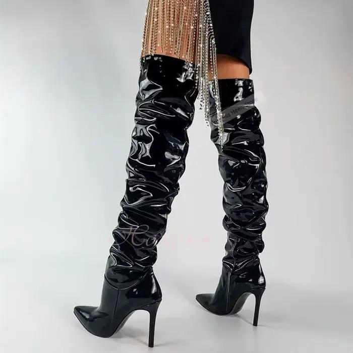 Bottes plissées en cuir brillant, bout pointu, talons aiguilles, fermeture éclair solide, cuissardes