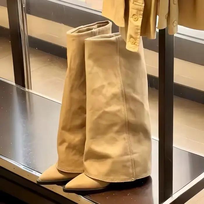 Bottes hautes pointues pour femmes, chaussures à talons mi-hauts, tendance épaisse, escarpins élégan