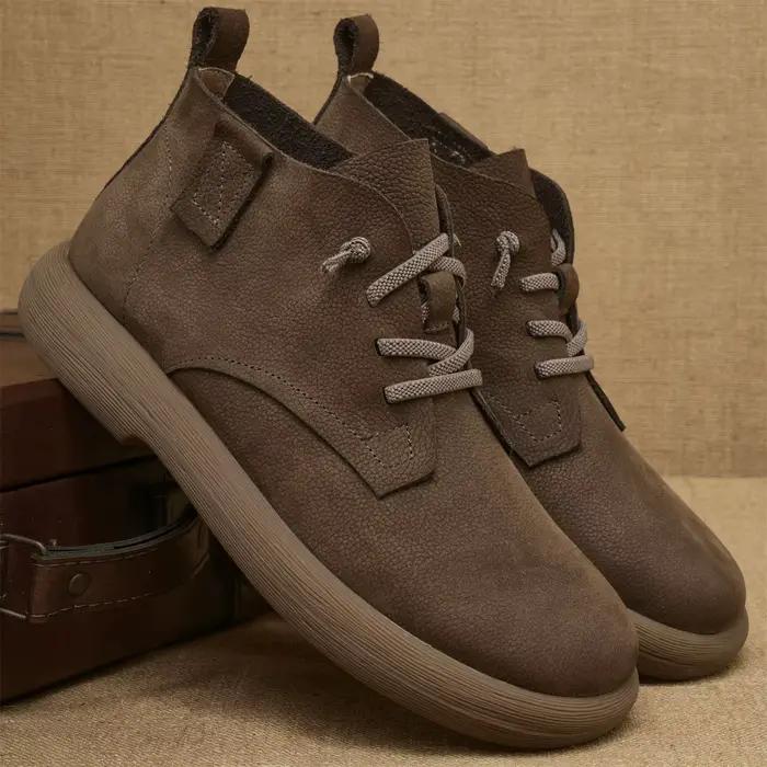 Bottines courtes en cuir de vache pour hommes, bottines d'hiver à lacets extensibles, semelle souple