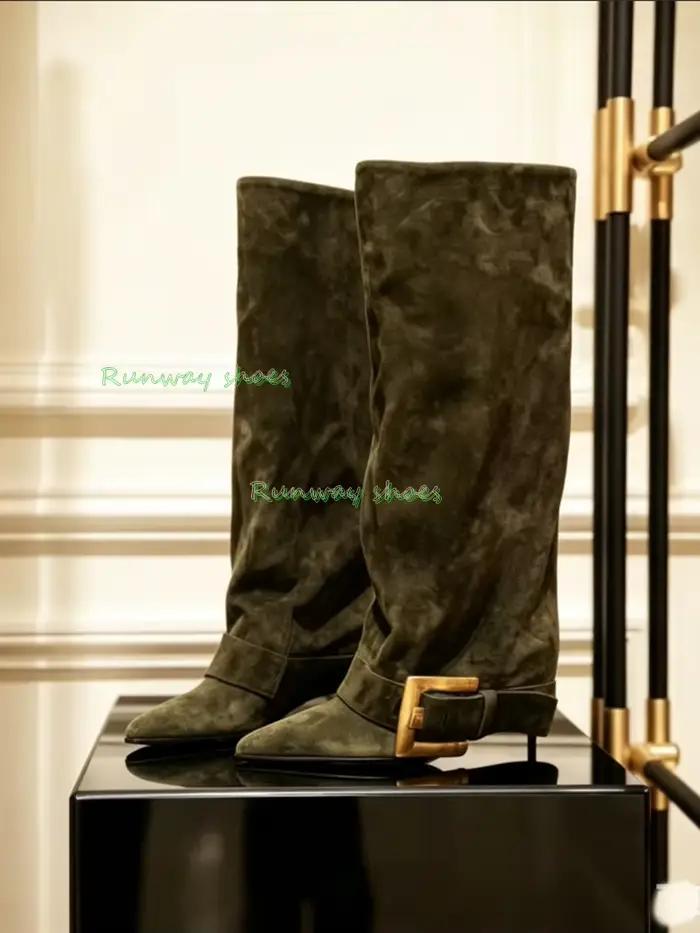 Bottes longues artificielles vert militaire au-dessus du genou, à bout pointu, talons aiguilles, bot