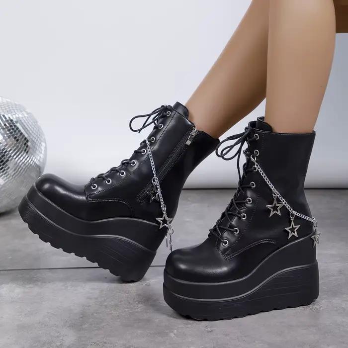 Femmes plate-forme bottes courtes femme compensées semelle épaisse chaussures chaîne conception à la