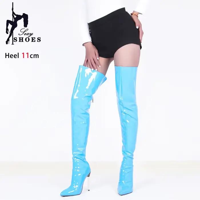 Bottes bleues au dessus du genou pour femmes, talons hauts brillants de 11cm, bottes longues en cuir