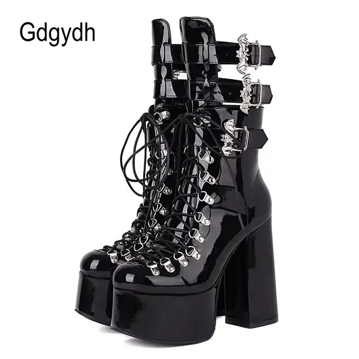 Gdgydh Style gothique noir plate-forme bottes ailes de chauve-souris Sexy club nuit bottes modernes 