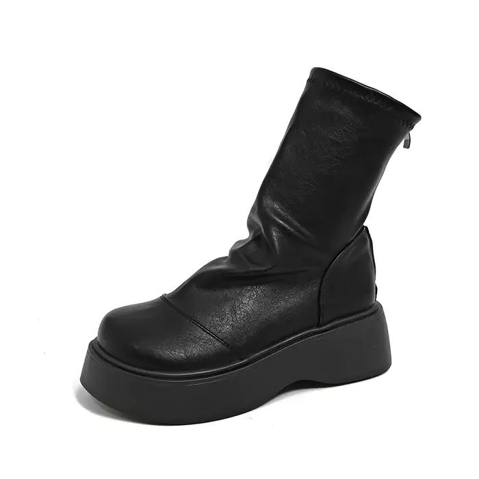 Bottes skinny compensées à la mode, bout rond, plateforme zippée au dos, talon moyen antidérapant, s