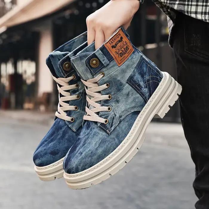 Bottes montantes en jean pour hommes, style vintage, toile bleue délavée, plateforme, à lacets, déco
