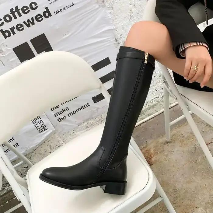 Bottes en cuir à tige haute pour femmes, chaussures au genou, longues, marron, confortables, élégant