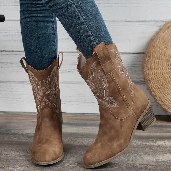 Chaussures pour femmes, nouvelles bottes de cow-boy brodées, bottes à bout pointu et talon épais pou
