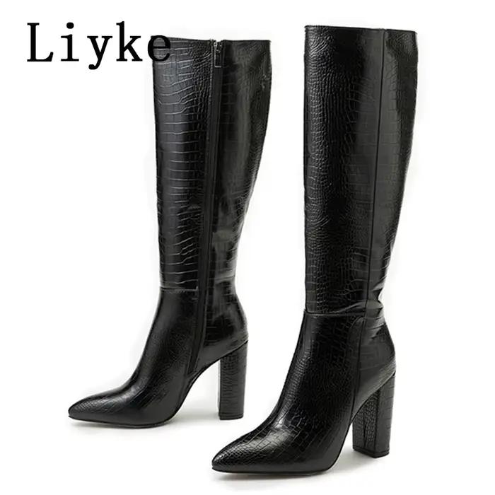 Liyke – bottes hautes en cuir imprimé serpent pour femme, chaussures à la mode, blanches, Sexy, bout
