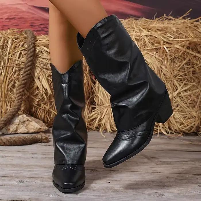 Bottes mi-mollet pour femmes, automne et hiver, avec talons épais pointus, portant une fête conforta