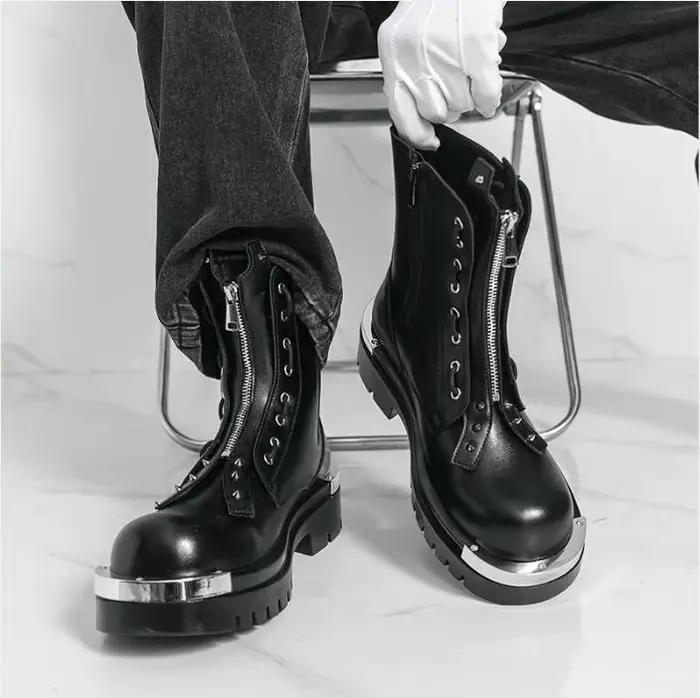 Bottes hautes pour hommes, bottes nues à semelles épaisses en PU avec décoration de rivets, bottes c