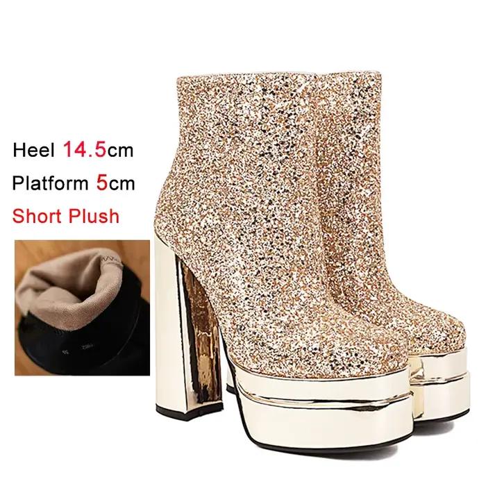 Dames noir bottines mode plate-forme chaussures courtes automne hiver carré épais talons hauts botte
