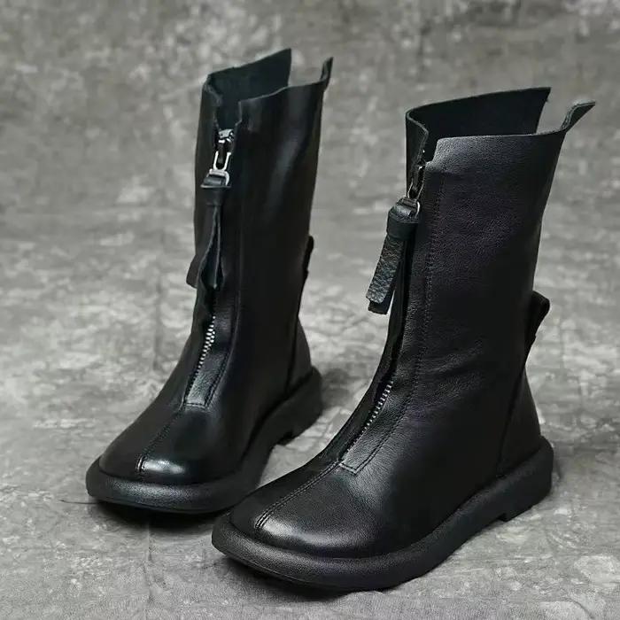Femmes mi-mollet bottes mode peluche chaud chaussures d'hiver de haute qualité en cuir souple bottes