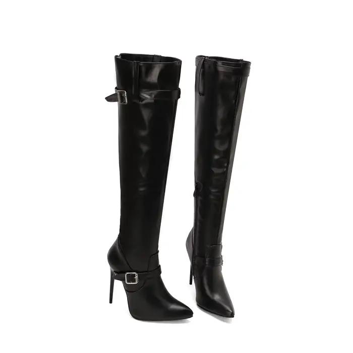 Bottes longues sexy en cuir PU pour femme, à bout pointu, double boucle, talon aiguille, fermeture é
