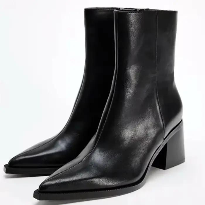 Bottines Chelsea en cuir souple noir à bout pointu et talon épais pour femme, bottes d'hiver confort