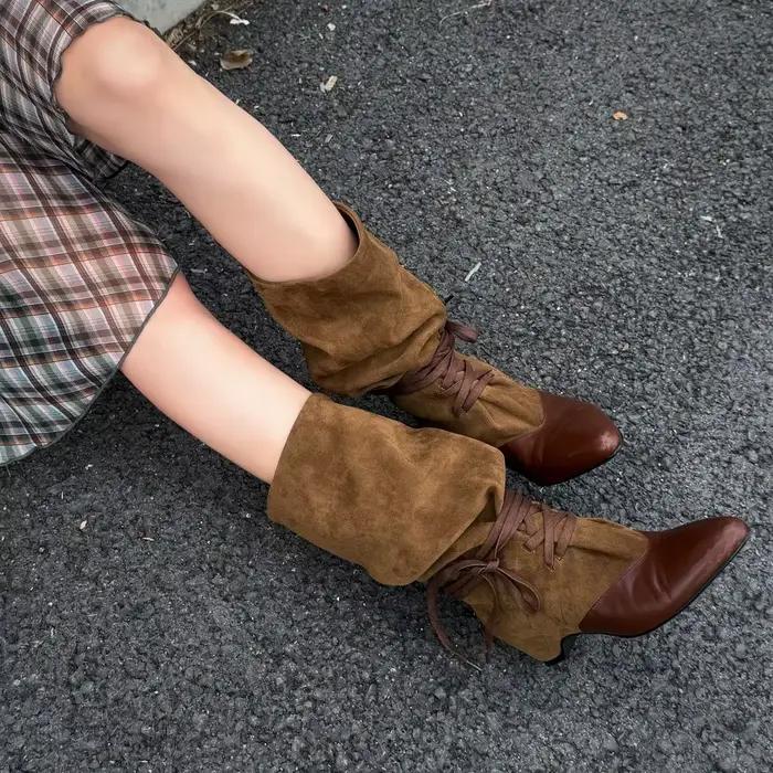 Bottes mi-mollet vintage à empiècements superposés pour femme, à bout pointu, à lacets, style cowboy