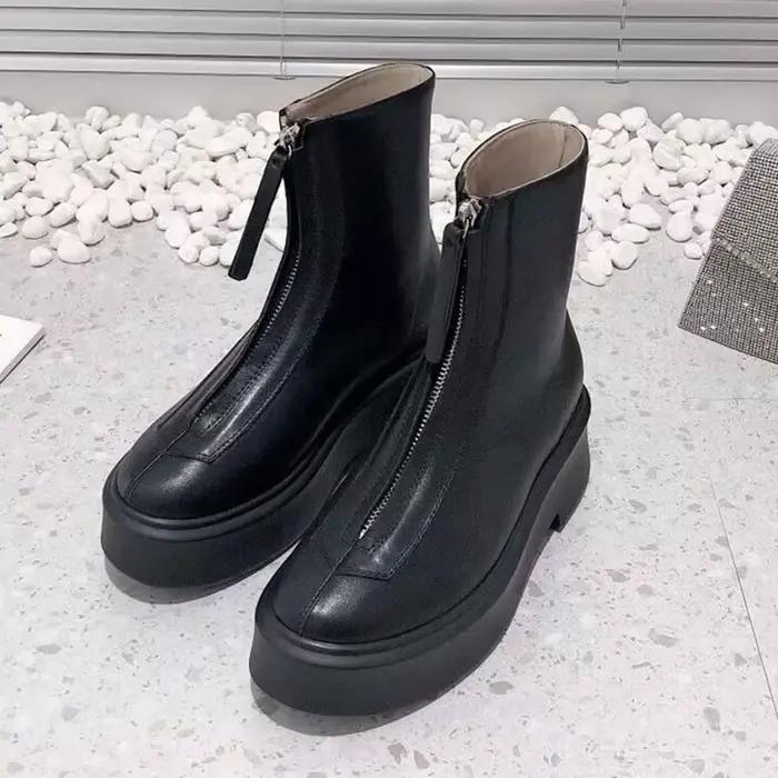 Bottines courtes à semelle plate et épaisse pour femme, bottines de moto en cuir véritable avec ferm