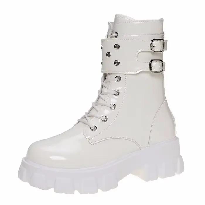 Bottes en cuir coordonnantes avec boucle de ceinture pour femmes, chaussures confortables décontract