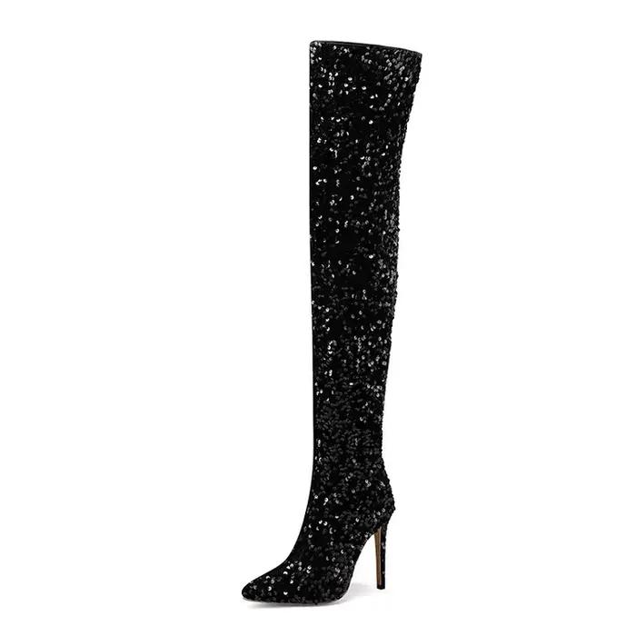 Ochanmeb femmes bleu paillettes sur les genoux bottes paillettes doré pointe orteil bottes rose minc