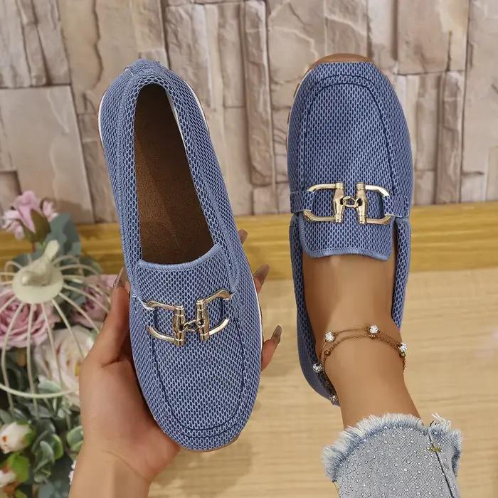 Chaussures décontractées à bout rond avec boucle métallique pour femmes, grandes tailles, confortabl