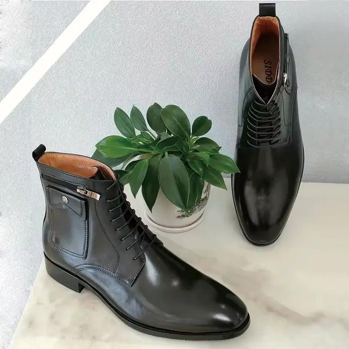 NiceBlack-Bottes de rinçage en cuir véritable faites à la main pour hommes, poche zippée, à lacets, 