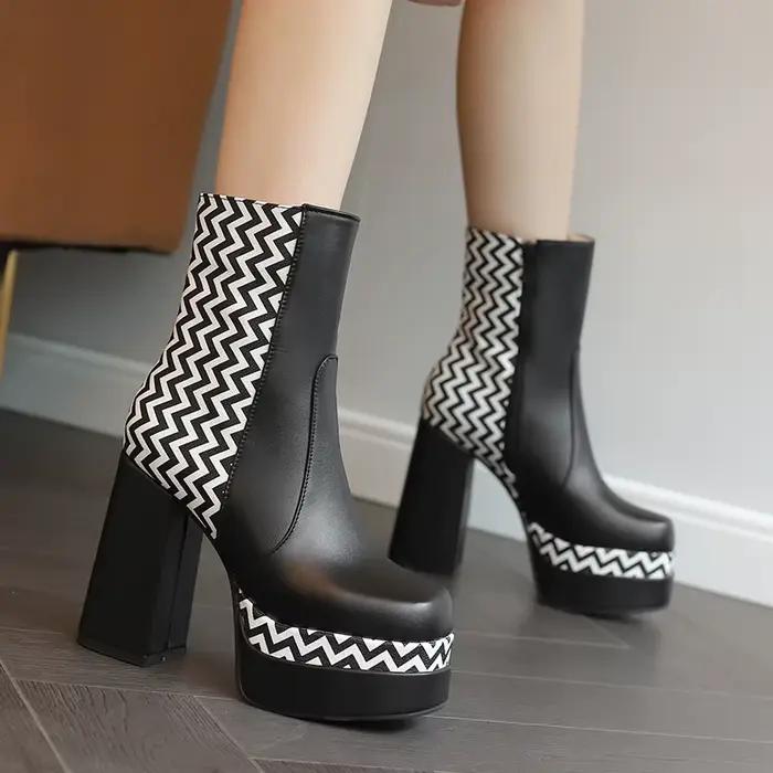 Bottes Courtes à Rayures Imprimées de Style Coréen pour Femme, Chaussures à Plateforme, Très Hautes 