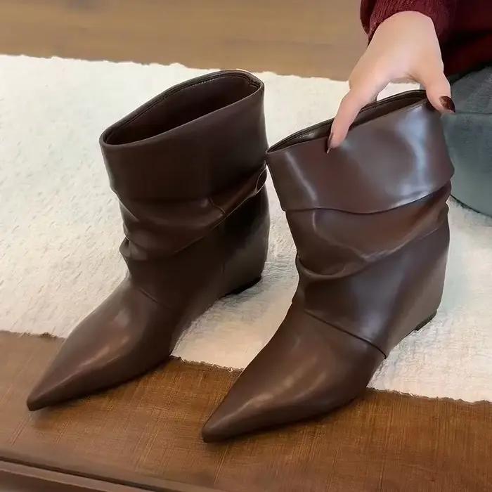 Bottines à talon compensé pour femmes, bout pointu, cuir plissé marron, bottines courtes, automne-hi