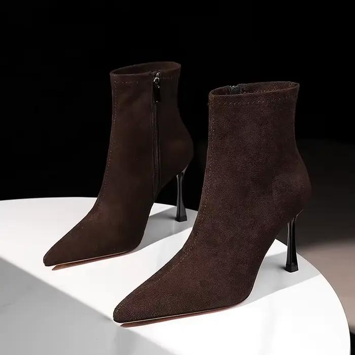 Bottes courtes de luxe pour femmes, élégantes, Style français, bout pointu, talon fin, coupe cintrée