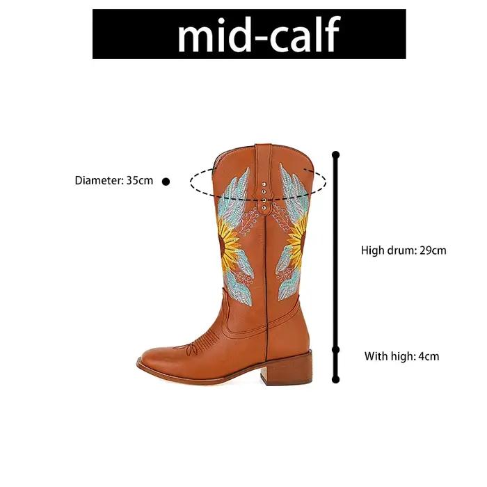Ods-Bottes pointues brodées de tournesol pour femmes, Parker, sans lacet, mi-mollet, marron foncé, g