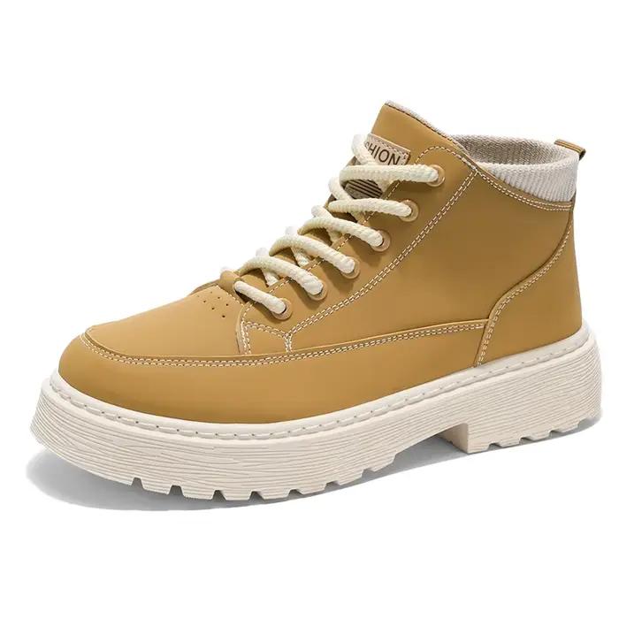 Bottes à lacets pour hommes à semelle épaisse, imperméables, style moto, plates, à talon, courtes, d